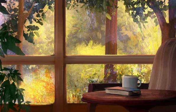 Картинка сад, окно, чашка, книга, столик, art, Mandy Jurgens, кресто