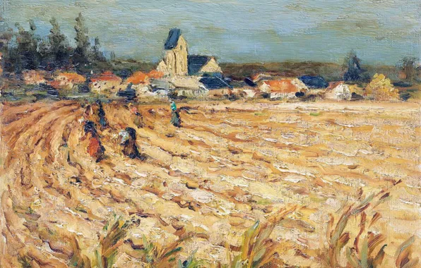 Картинка деревья, пейзаж, дома, картина, урожай, Марсель Диф, Женщины в пшеничном поле