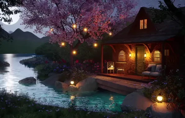 Lights, moon, house, river, trees, night
