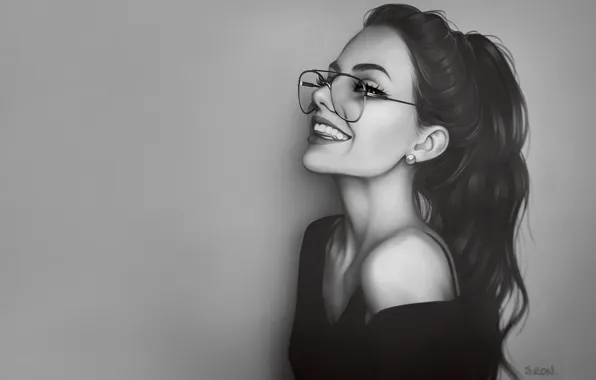 Девушка, Очки, Лицо, Art, Красотка, Улыбается, Illustration, Черно - белое