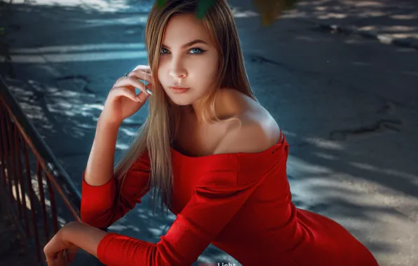Картинка взгляд, поза, руки, платье, декольте, красное платье, Alexander Drobkov-Light, Полина Москайкина