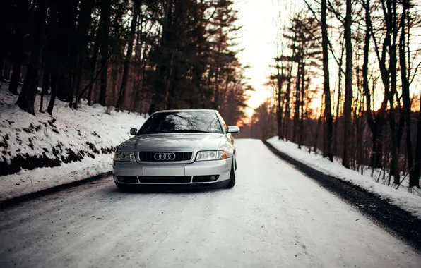 Лес, снег, закат, Audi, ауди, серебристая, stance, догога