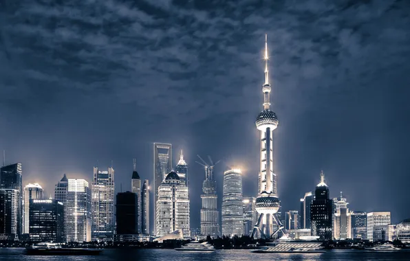 Река, China, здания, яхты, Китай, Shanghai, Шанхай, ночной город