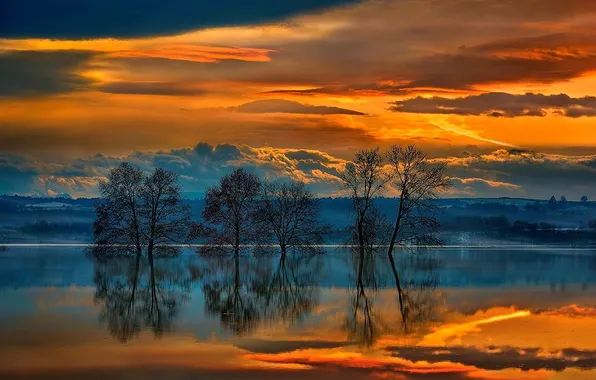 Картинка небо, вода, облака, деревья, закат, тучи, природа, отражение