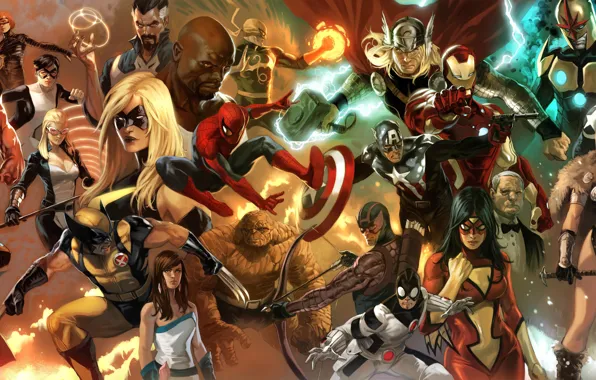 Картинка spider-man, коллаж, люди икс, комиксы, супермен, железный человек, marvel, капитан америка
