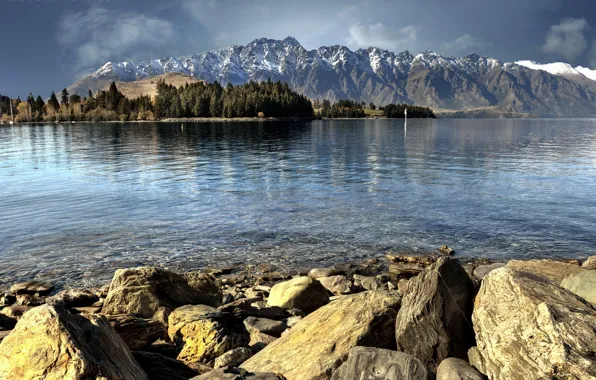 Картинка деревья, горы, озеро, камни, Новая Зеландия, Квинстаун