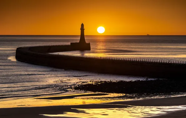 Море, закат, Sunderland, Roker Lighthouse