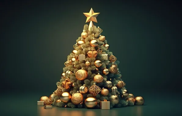 Шары, елка, Новый Год, Рождество, golden, new year, happy, Christmas