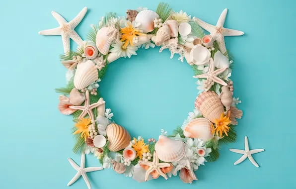 Картинка ракушки, summer, венок, flowers, marine, wreath, seashells