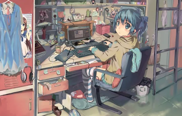 Картинка девушка, провода, аниме, арт, ноутбук, misaka mikoto, vocaloid, hatsune miku