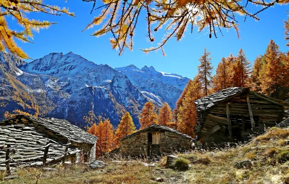 Картинка осень, горы, Альпы, Италия, Italy, Cogne, Valle d'Aosta, сарайчики