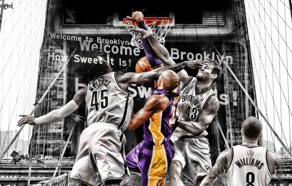 Мост, Кольцо, NBA, Lakers, Kobe Bryant, Nets, Игроки, Черно-Белое