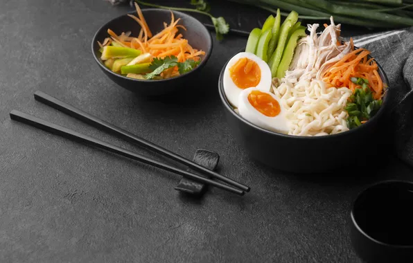Картинка eggs, asian, vegetables, chopsticks, noodles, traditional