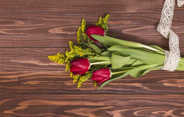 Картинка цветы, букет, тюльпаны, красные, red, wood, flowers, tulips
