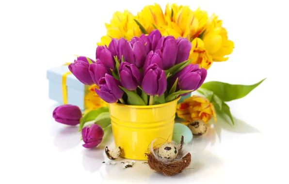 Картинка тюльпаны, flowers, tulips, purple, eggs, easter, bouquet