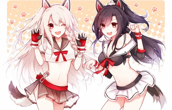 Sexy, cleavage, school uniform, long hair, girls, brown hair, boobs, animal ears