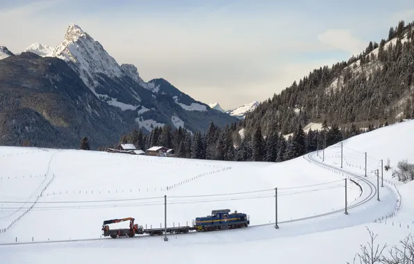 Картинка снег, горы, поезд