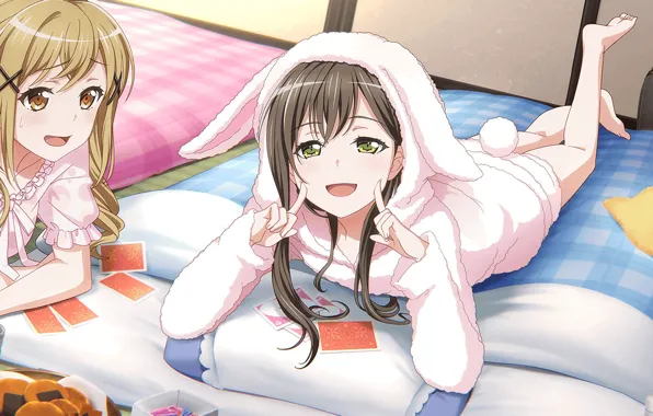 Девочки, кровать, пижама, BanG Dream!