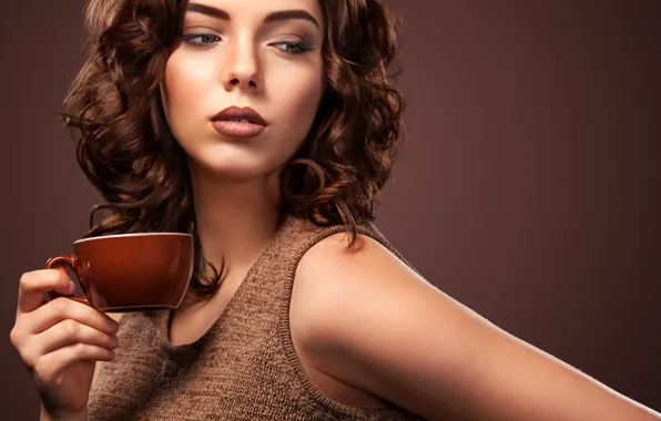 Взгляд, девушка, лицо, кофе, рука, макияж, прическа, чашка
