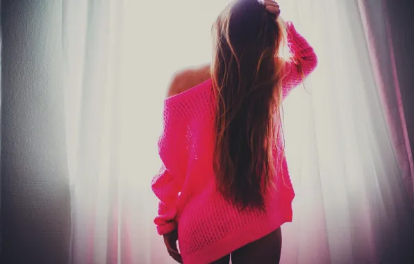 Девушка, свет, розовый, волосы, окно, занавески, стоит, свитер