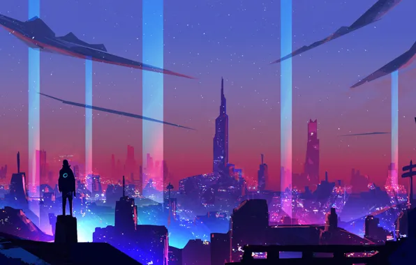 Ночь, Город, Стиль, City, Fantasy, Art, Style, Neon