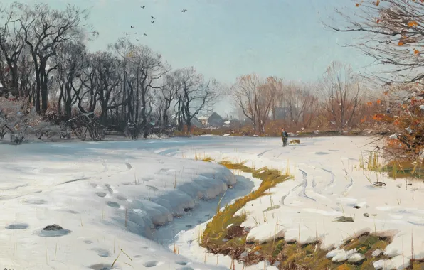 Картинка датский живописец, 1902, Петер Мёрк Мёнстед, Peder Mørk Mønsted, Danish realist painter, Ein sonniger wintertag, …
