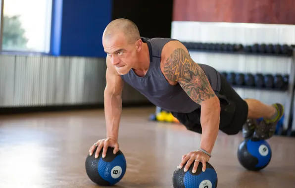 Men, workout, pushups, training balls