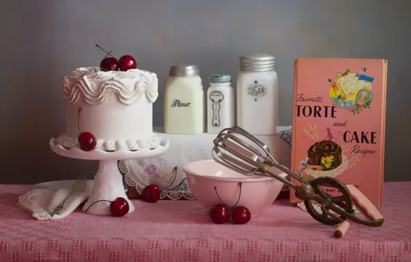 Картинка белый, вишня, стол, стена, розовая, еда, баночки, торт, сахар, книга, миска, серый фон, крем, десерт, …