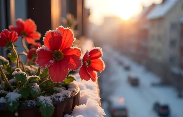 Картинка зима, снег, цветы, весна, flowers, winter, snow, spring