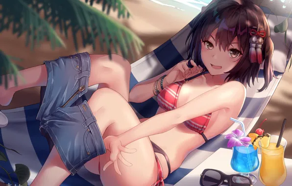 Girl, sexy, ass, cleavage, beach, shorts, sea, brown hair
