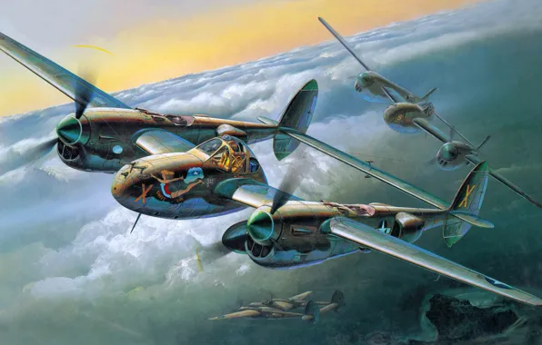 Картинка самолет, истребитель, арт, бомбардировщик, Lightning, P-38J, WW2.