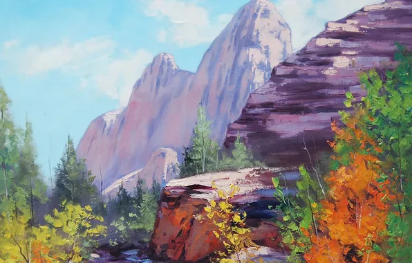 Картинка осень, облака, деревья, горы, природа, скалы, арт, artsaus