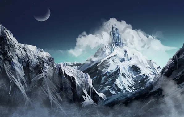 Картинка облака, снег, горы, замок, луна
