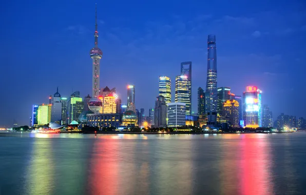 Ночь, огни, отражение, зеркало, Китай, Шанхай, Oriental Pearl Tower, Shanghai Tower