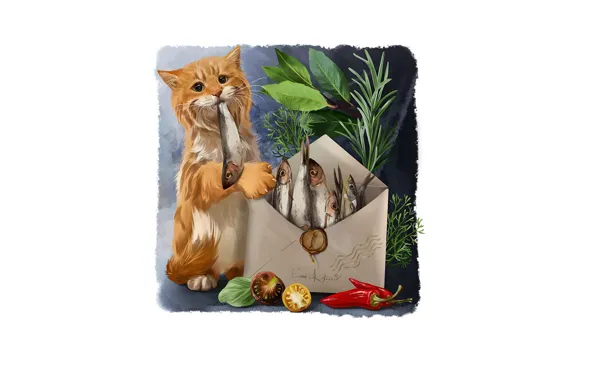Кот, рыбка, рыжий, посылка, конверт