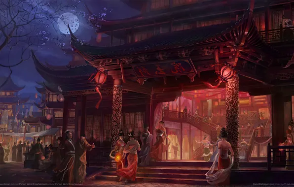 Картинка ночь, огни, люди, девушки, луна, пагода, полнолуние, game wallpapers