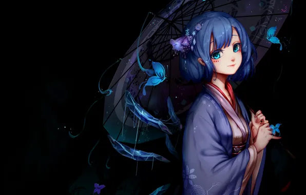 Картинка девушка, бабочки, темный фон, зонт, арт, кимоно, touhou, синие волосы