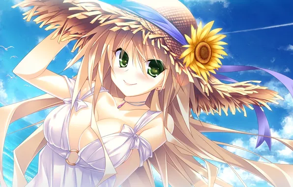 Море, цветок, девушка, шляпа, арт, game cg, hibarigaoka itsuki, guardian☆place