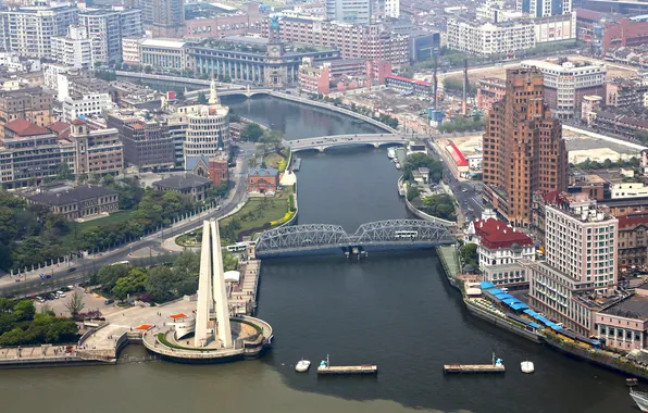 Картинка город, фото, сверху, Китай, Шанхай, мосты, мегаполис, водный канал