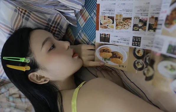 Beautiful, Asian, Model, Bed, Woman, Cute, Lying Down, Laying