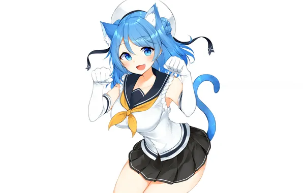 Girl, school uniform, long hair, boobs, animal ears, anime, blue eyes, beautiful