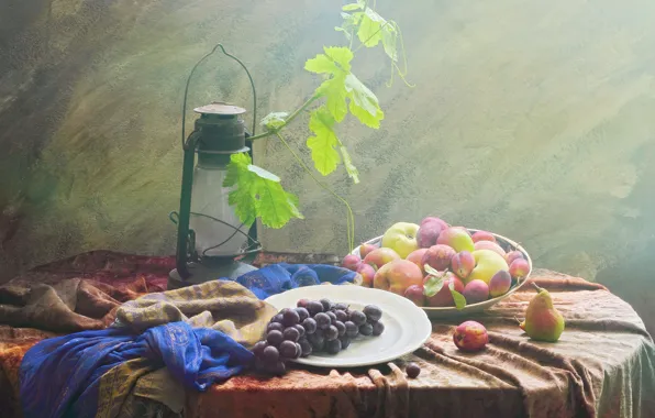 Листья, яблоки, виноград, фрукты, натюрморт, сливы, груши, предметы
