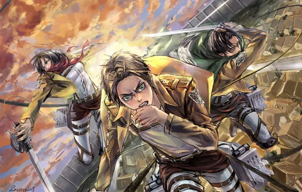 Атака, эмблема, клинки, военная форма, Mikasa Ackerman, Eren Yeager, Вторжение Гигантов, Levi Ackerman