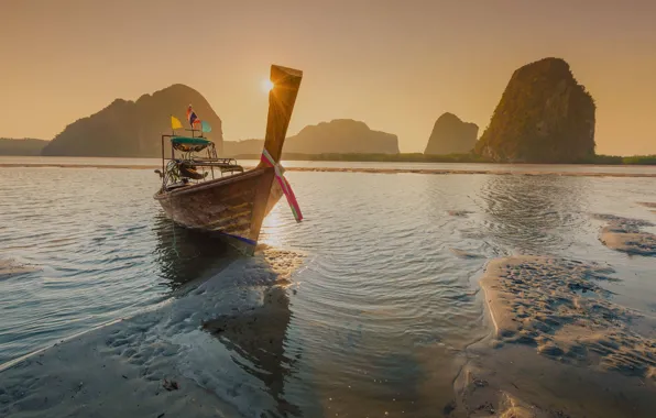 Океан, берег, лодка, утро, Phuket, Thailand, ocean, wooden boat