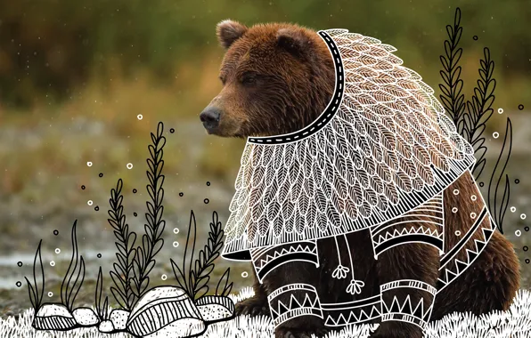 Взгляд, поза, растительность, медведь, ANIMAL DOODLES