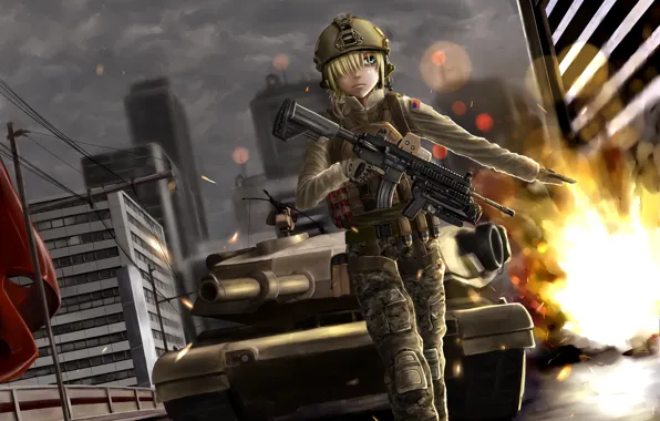 Картинка девушка, город, оружие, танк, battlefield, жест, art, soysoy68