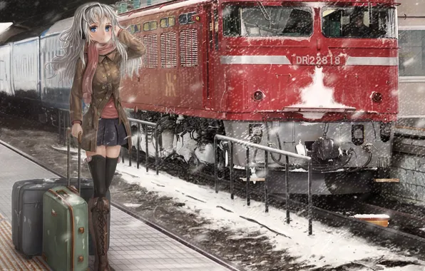 Картинка зима, девушка, поезд, станция, чемодан, школьная форма, art, gd. fengzi