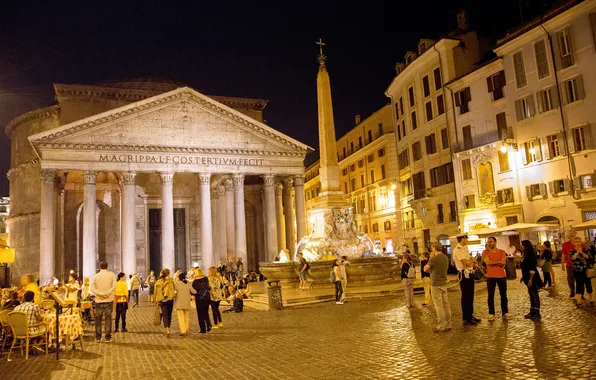 Огни, люди, вечер, площадь, Рим, Италия, колонны, фонтан