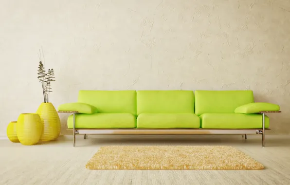 Картинка дизайн, зеленый, стиль, комната, диван, интерьер, минимализм, светлый