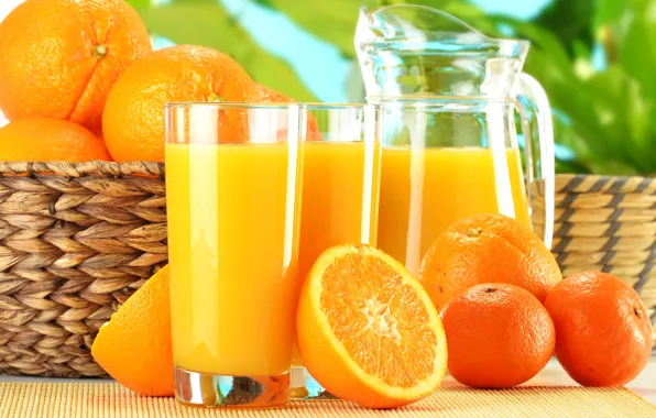 Картинка корзина, апельсины, сок, стаканы, кувшин, фрукты, мандарины, апельсиновый
